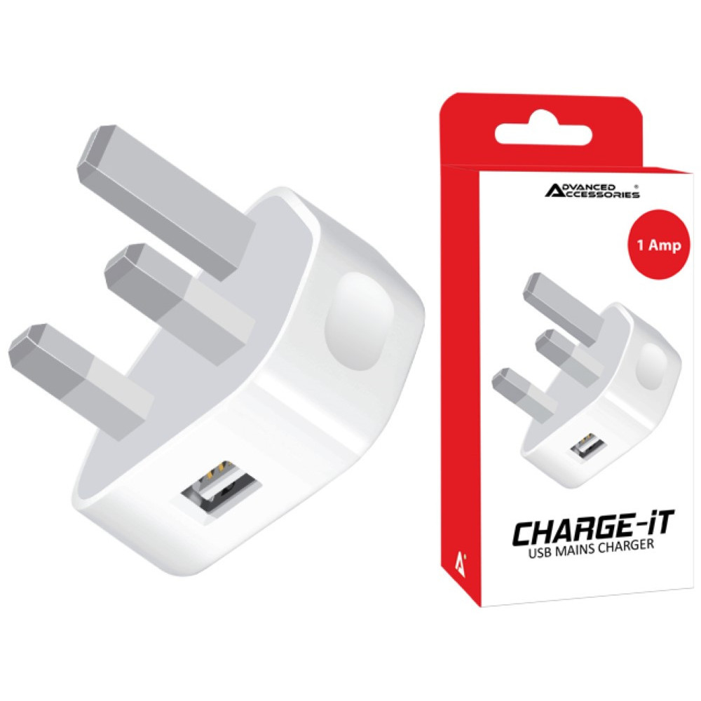 Advanced Accessories CHARGE-IT Single USB Mains Charger Plug 1Amp