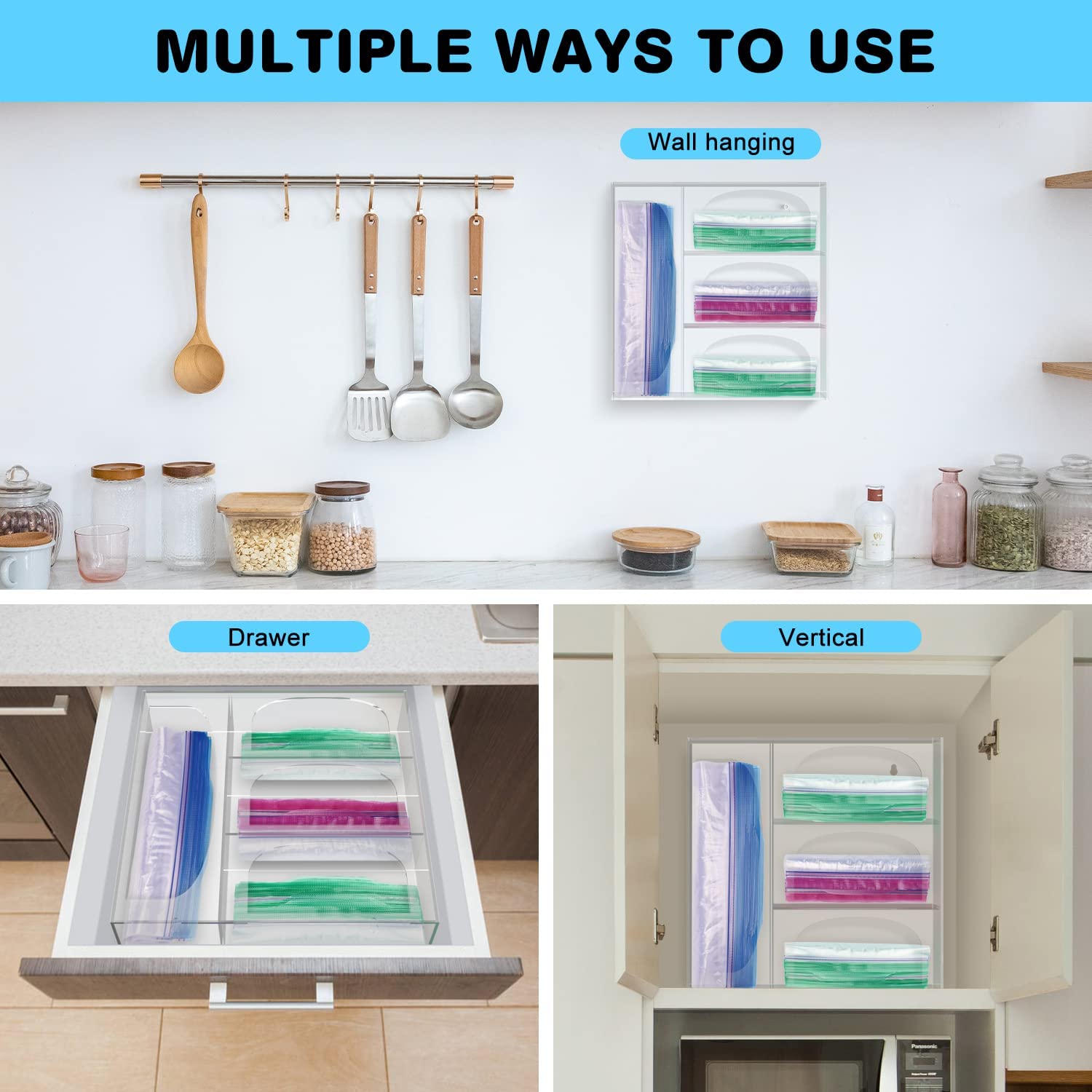 Ziplock Bag Storage Organizer for Kitchen, Acrylic Food Storage Bag Organizer, Plastic Bag Organization for Drawer, Food Storage Bag Holder, Zip Lock Bag Container Organizer Compatible with for Gallon, Quart, Sandwich & Snack Variety Size Bags - Image 7