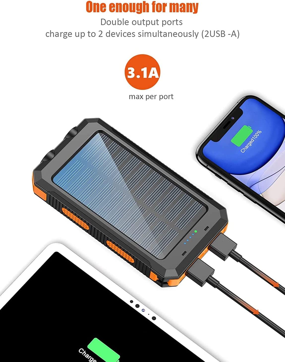 Solar Power Bank 36800mAh Portable Solar Charger 5V3.1A,18W PD QC 3.0 Dual 2 USB,LED Flashlights Port Strong LED IPX7 Flashlight,Waterproof, Dustproof, Shockproof - Image 4